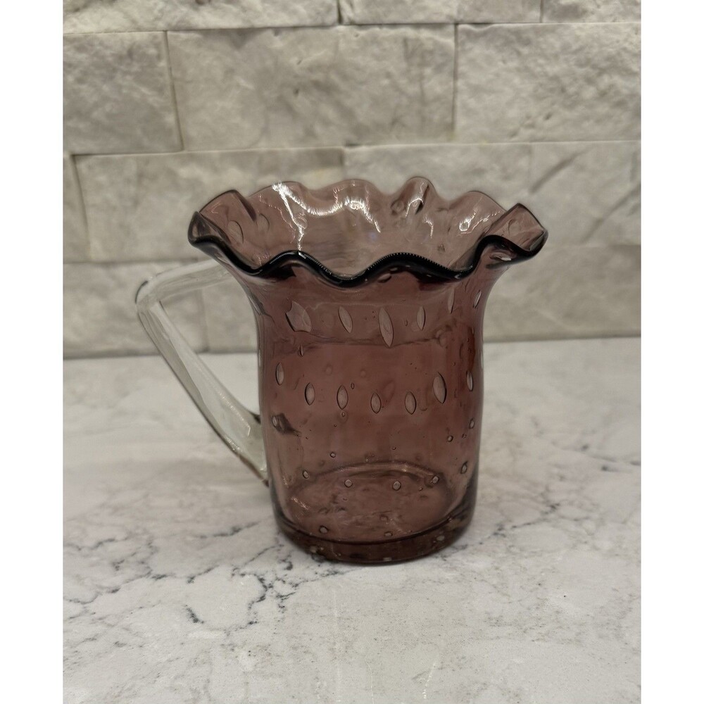 Vintage Amethyst Bubble Glass Mini Pitcher Ruffled Rim Clear Handle 6”